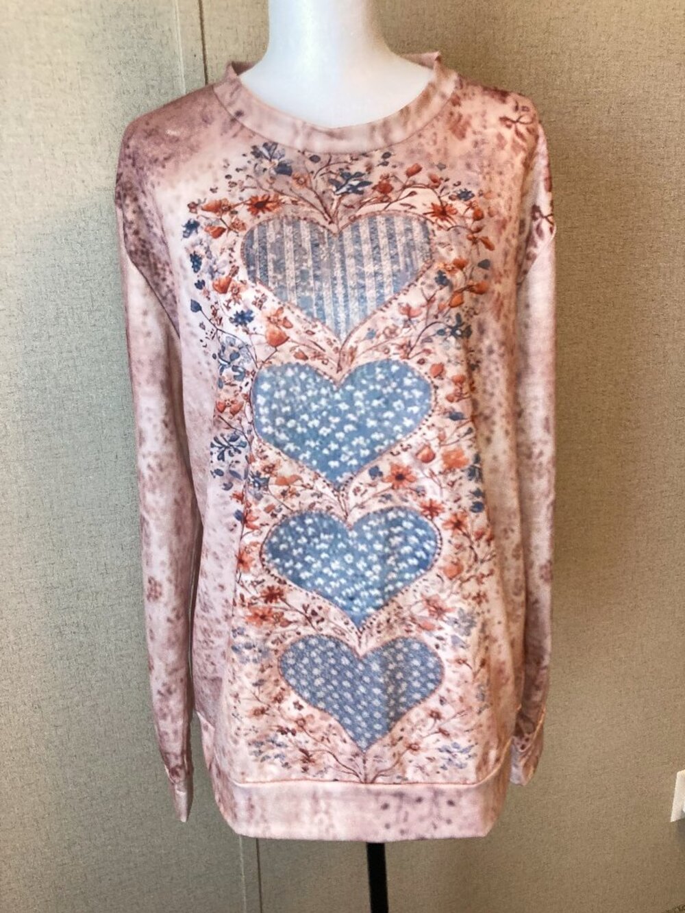 “SHEIN Emery Rose Boho Patchwork Heart Pullover – Brown/Tan – Size L”
